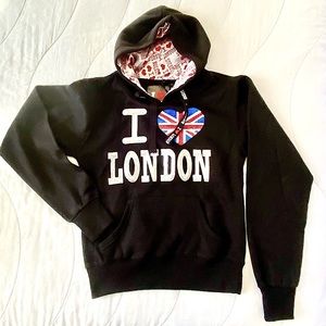 🇬🇧 I ❤️ London Hoodie Black Sequin Font & Union Jack Heart w/ Drawstring Sz S